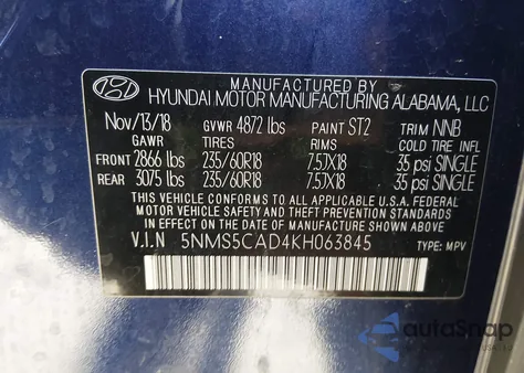 2019 Hyundai Santa Fe Ultimate from USA, damaged, VIN 5NMS5CAD4KH063845